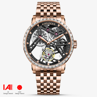 AGELOCER Original Skeleton Free-sprung Flying Tourbillon Mechanical Watch Steel Strap-Zircon Version