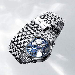 AGELOCER Original Hollow Blue Free-sprung Balance Flying Tourbillon Mechanical Watches Men Manual Winding Casual Stainless Steel