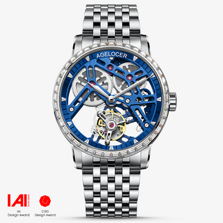 AGELOCER Original Skeleton Free-sprung Flying Tourbillon Mechanical Watch Steel Strap-Zircon Version