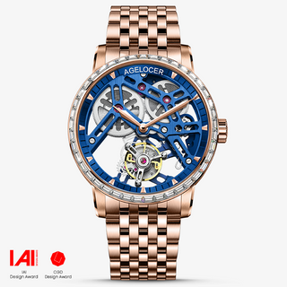 AGELOCER Original Skeleton Free-sprung Flying Tourbillon Mechanical Watch Steel Strap-Zircon Version